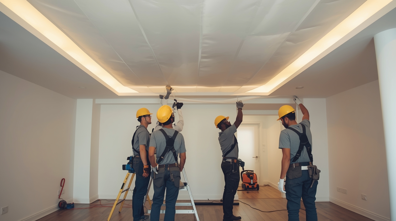 Fryxstyxiu team dat een stretch plafond installeert